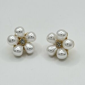 Gold Tone Faux Pearl Flower Stud Earrings with Rhinestone Center